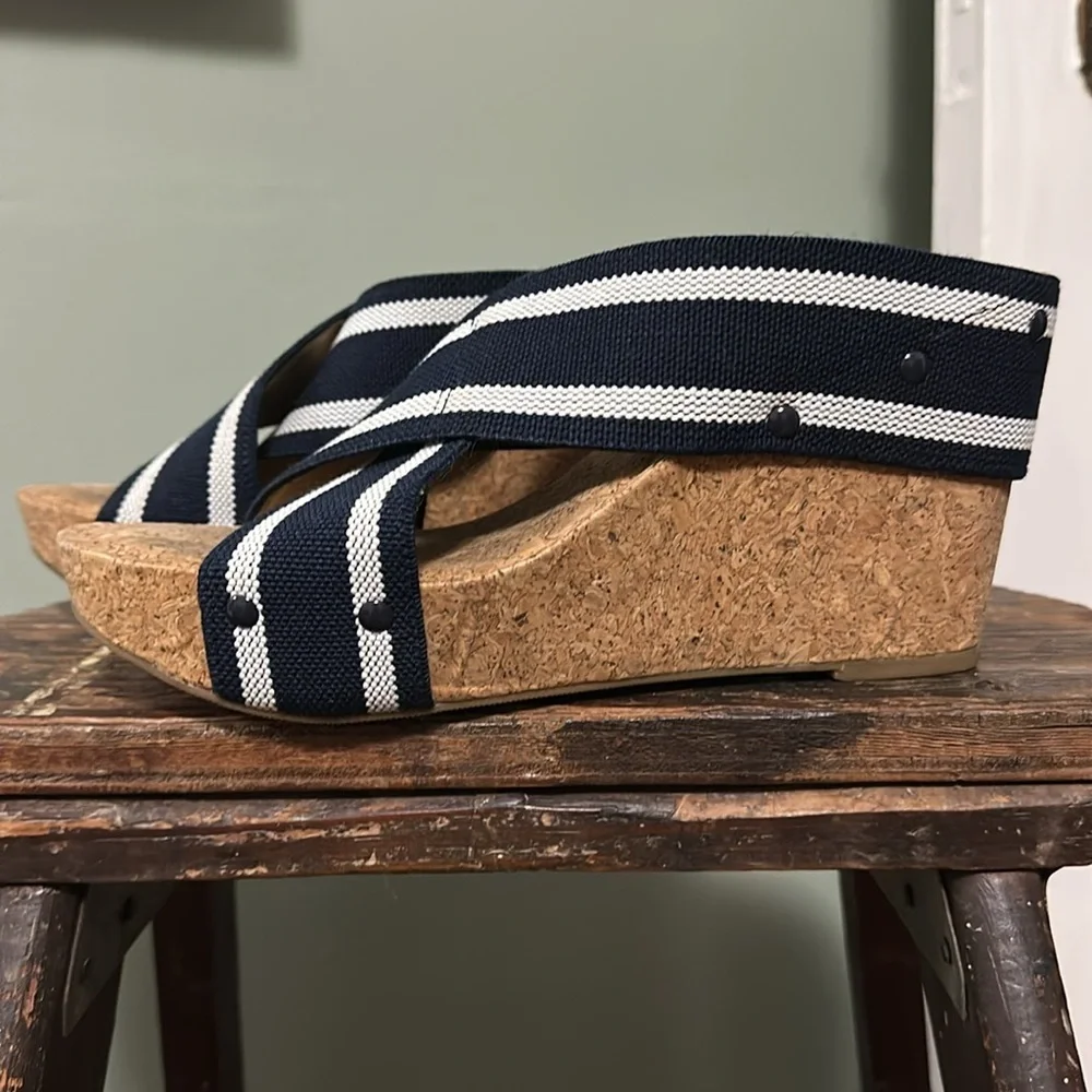Lucky Brand Miller 2 Navy and White Striped Elastic Cross Strap Cork Wedges